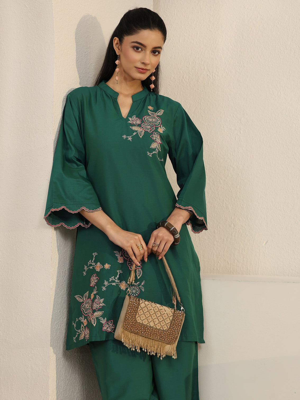 Mameraa Green Floral Embroidered Silk Blend Co-ord Set