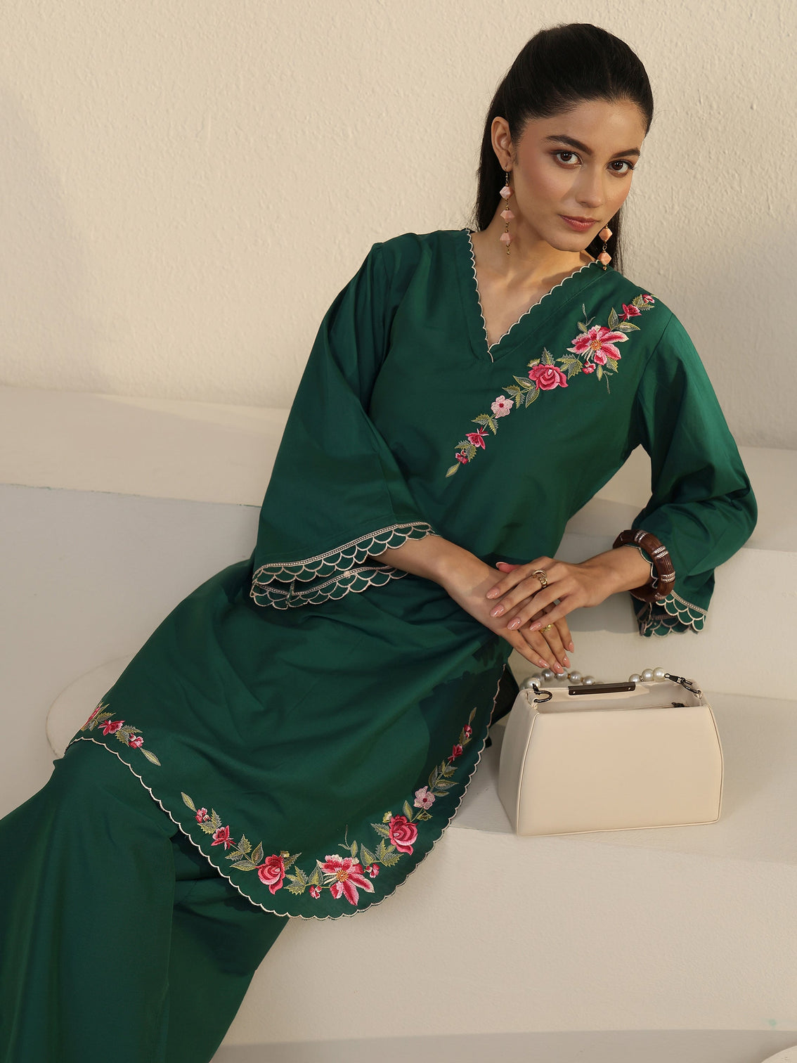 Mameraa Green Floral Embroidered Silk Blend Co-ord Set
