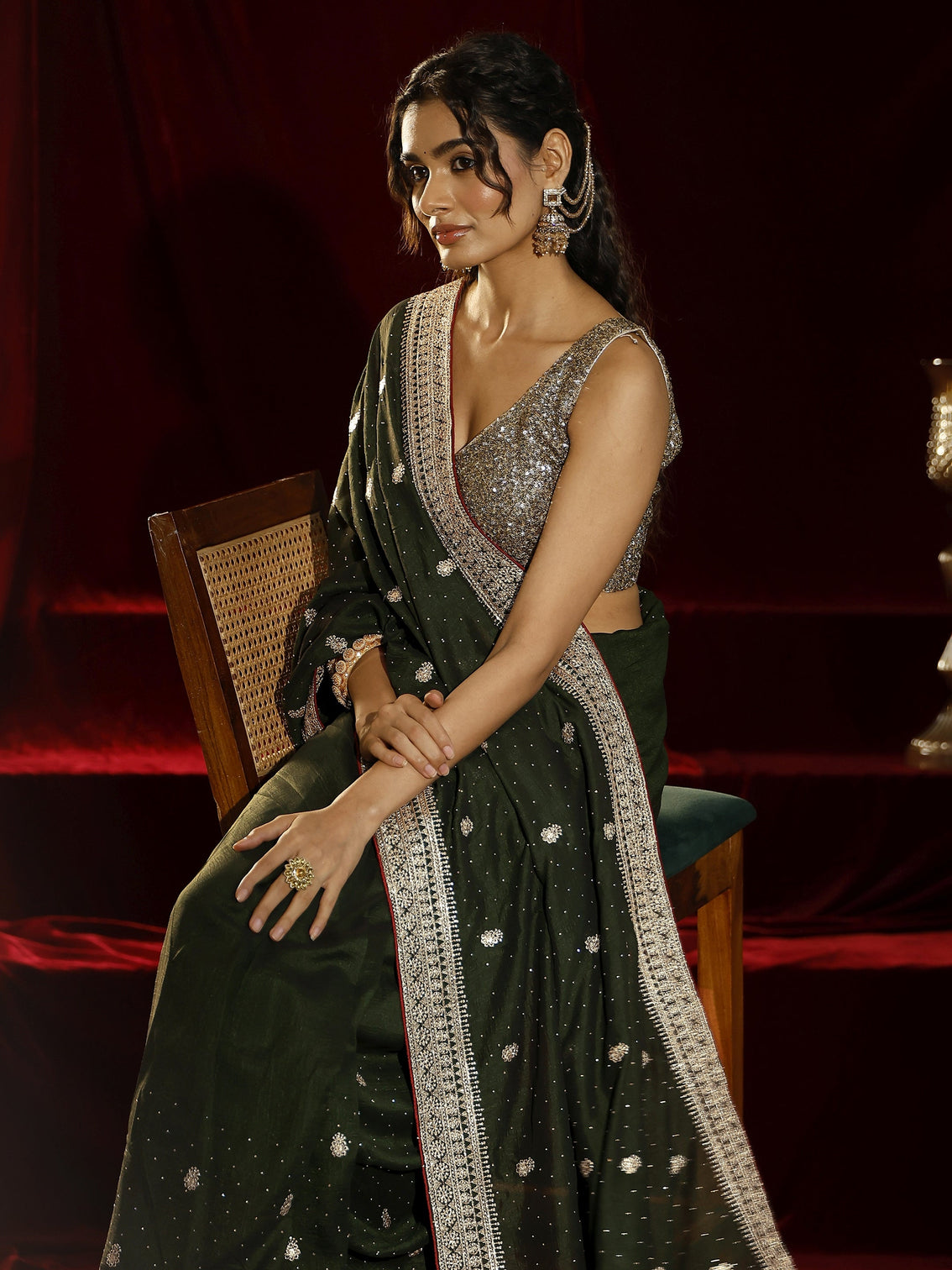 Mameraa Green Floral Embroidered Silk blend Saree
