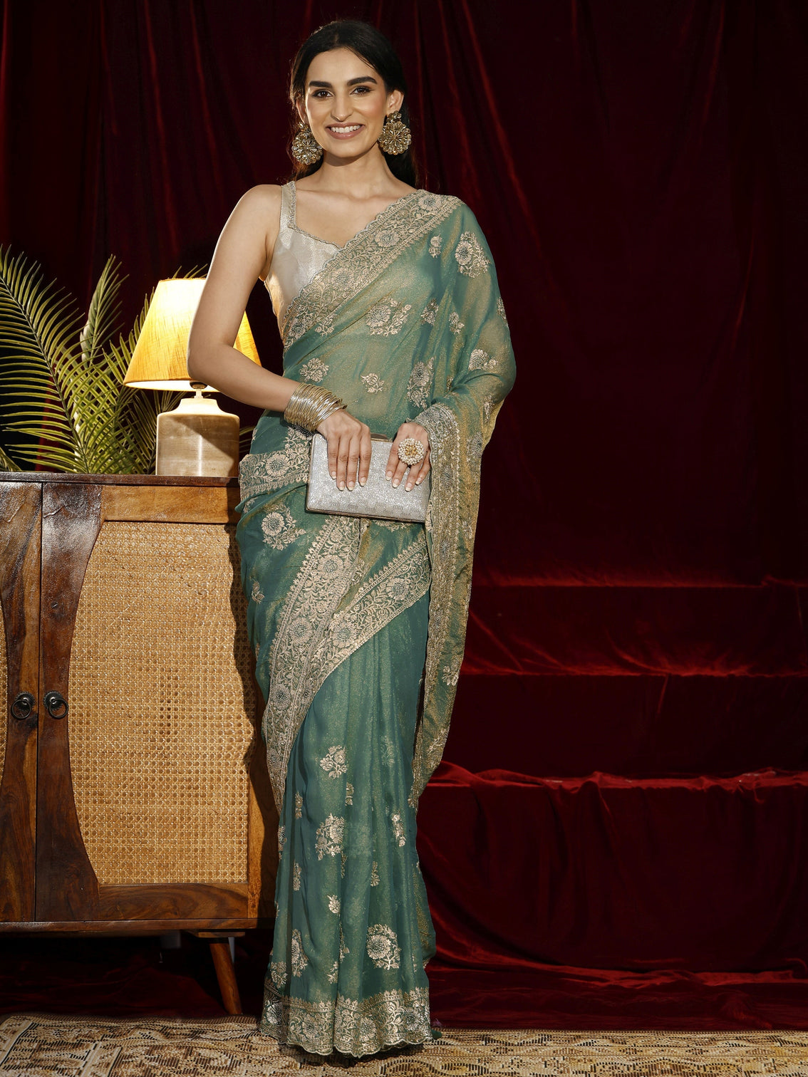 Mameraa Green Floral Embroidered Tissue Saree