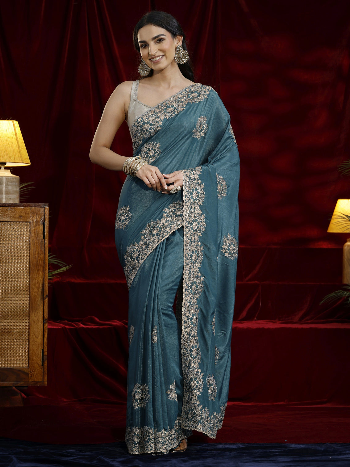Mameraa Green Floral Embroidered Tissue Saree