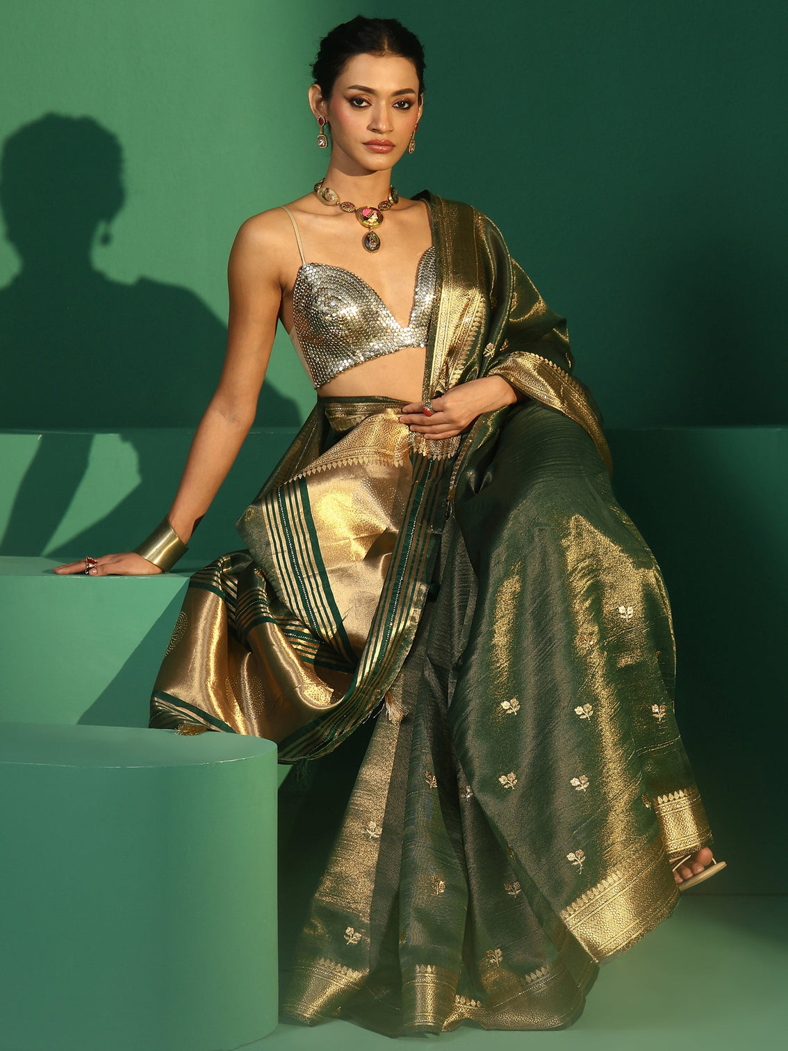 Mameraa Green Floral Embroidered Tissue Saree