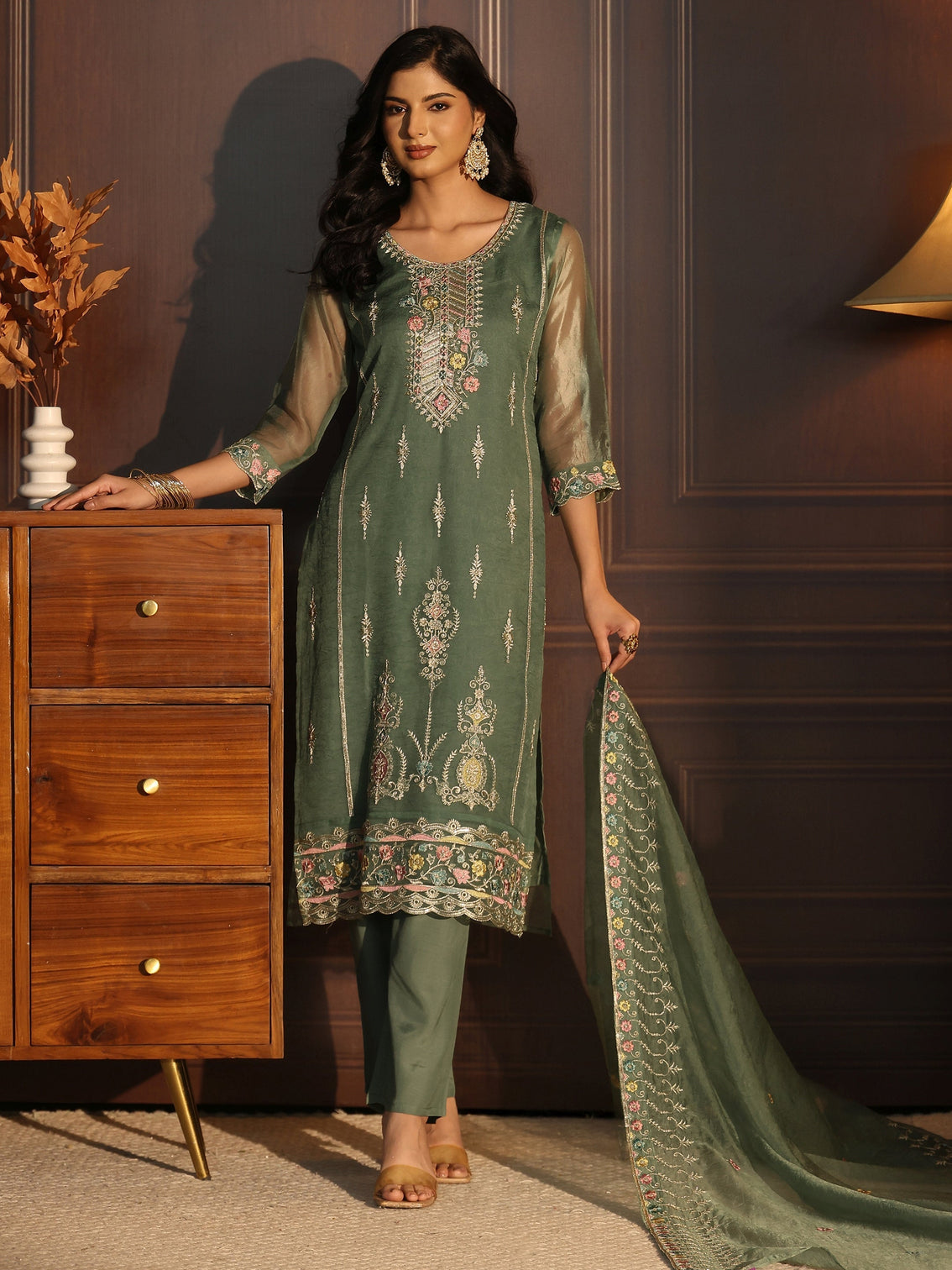 Mameraa Green Floral Embroidered Tissue Straight Suit Set
