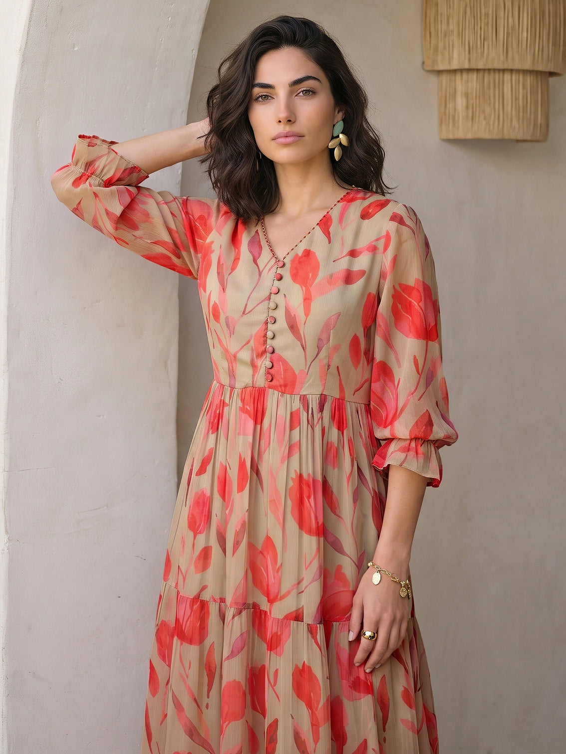 Mameraa Green Floral Printed Fit and Flare Chiffon Dress - Mameraa