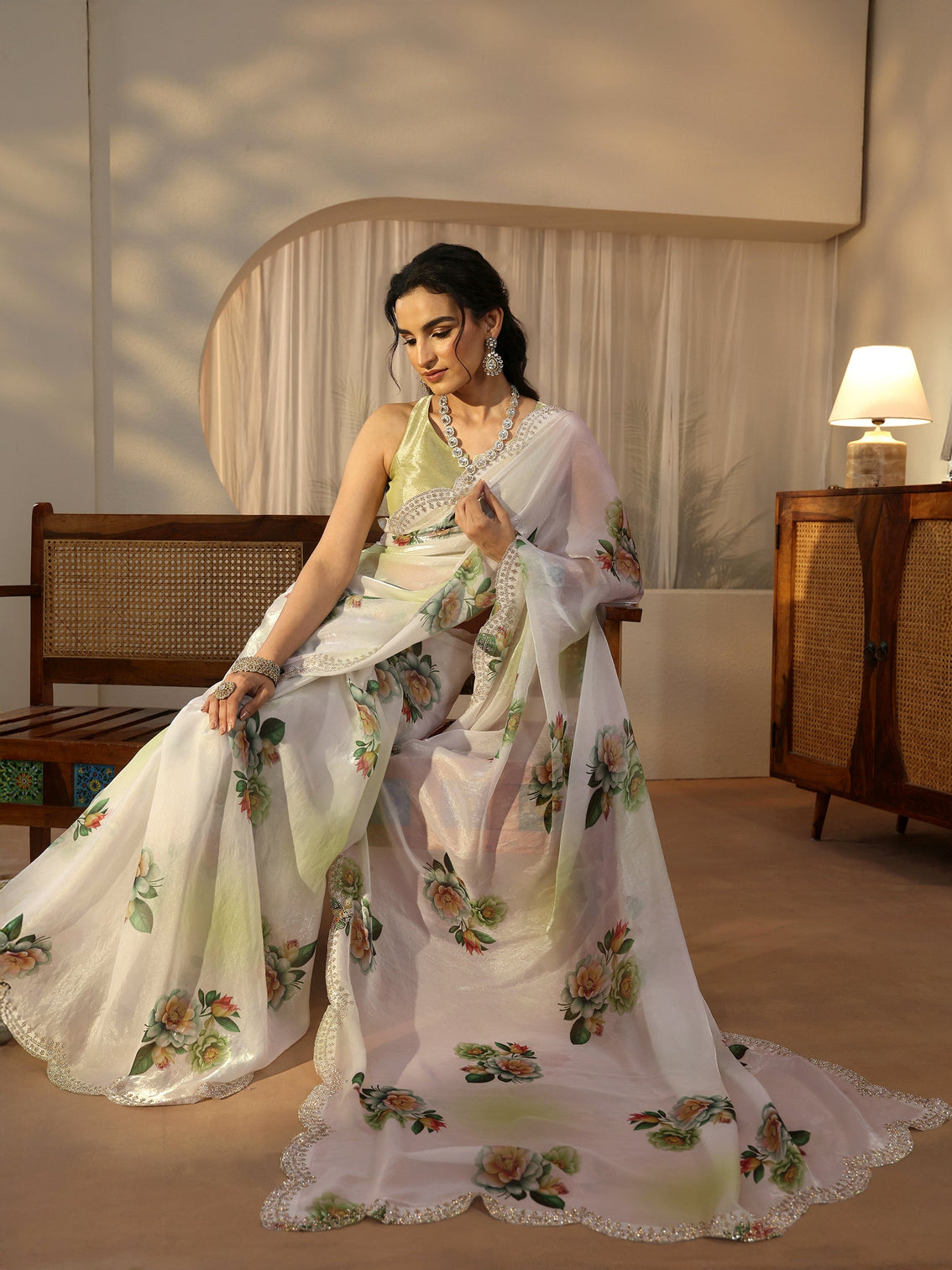 Mameraa Green Floral Printed Satin Saree with Scalloped Border