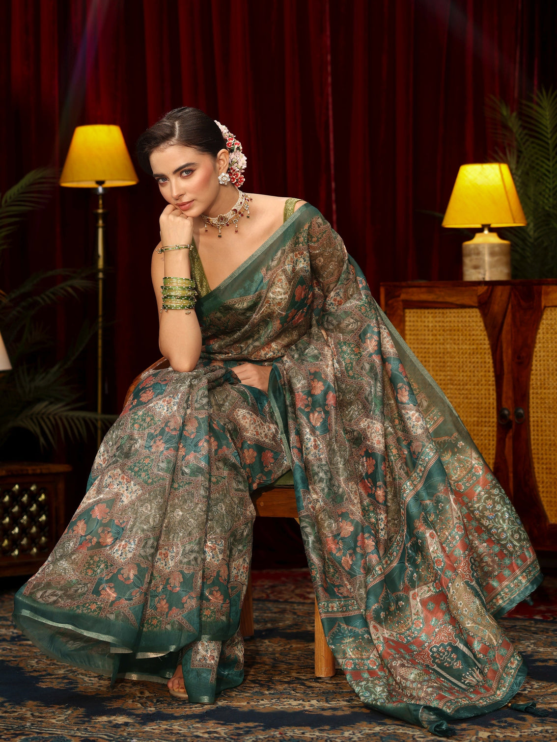 Mameraa Green Floral Printed Silk Blend Saree