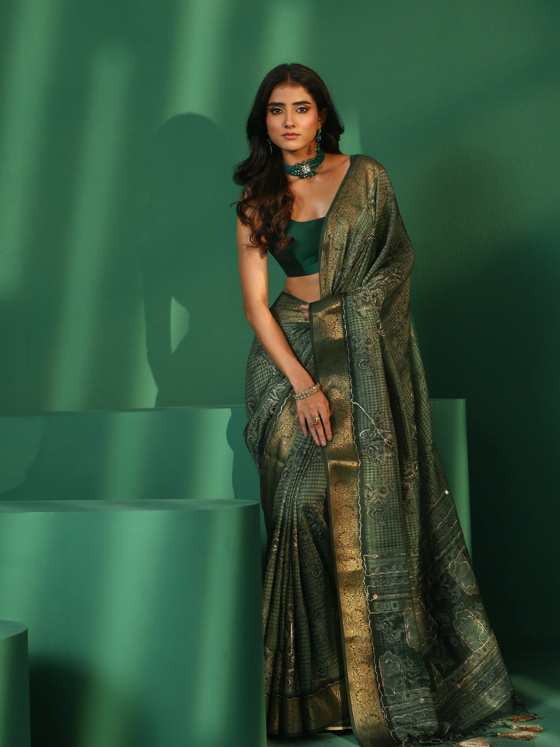 Mameraa Green Floral Printed Silk Blend Saree with Woven Design Border