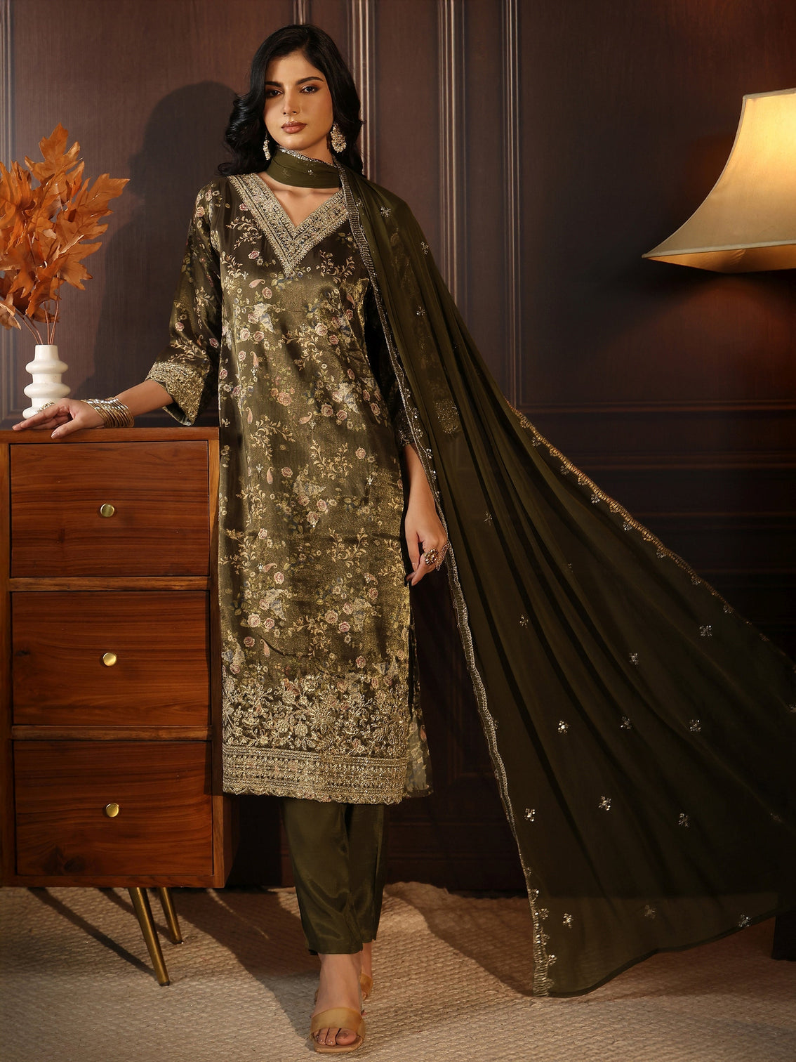Mameraa Green Floral Printed Silk Blend Straight Suit Set