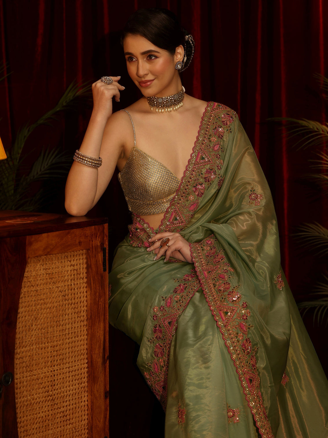 Mameraa Green Floral Satin Saree with Embroidered Border