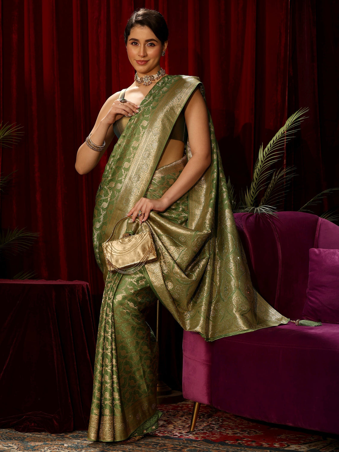 Mameraa Green Floral Woven Design Embellished Satin Saree