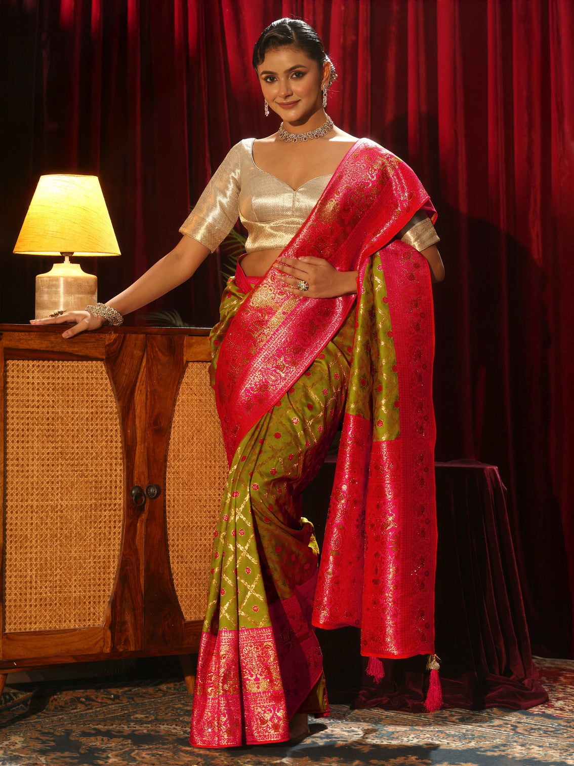 Mameraa Green Floral Woven Design Embellished Silk Blend Saree