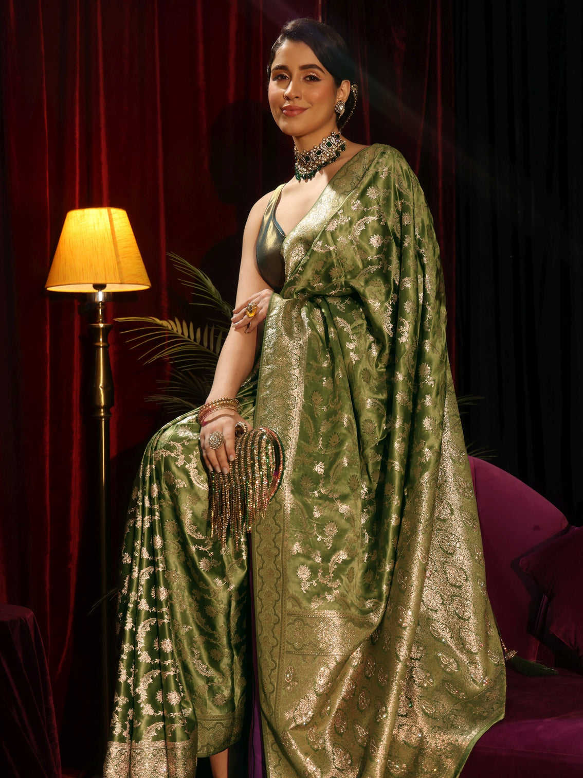 Mameraa Green Floral Woven Design Embellished Silk Blend Saree