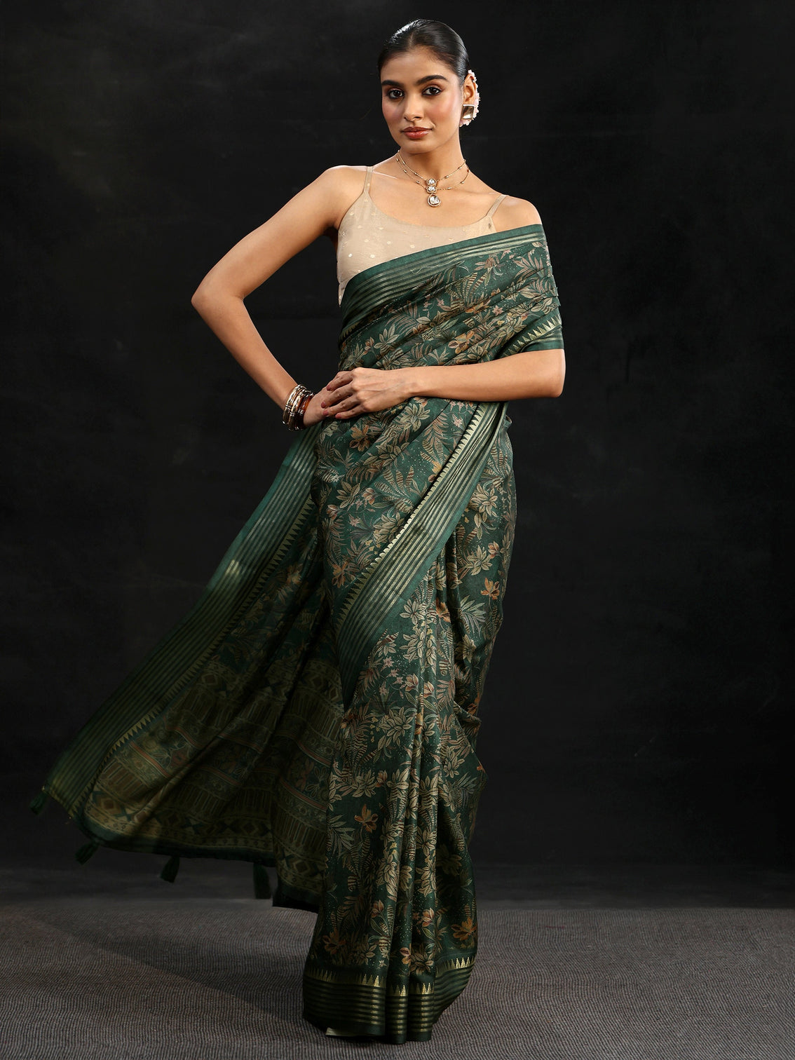 Mameraa Green Floral Woven Design Silk Blend Saree
