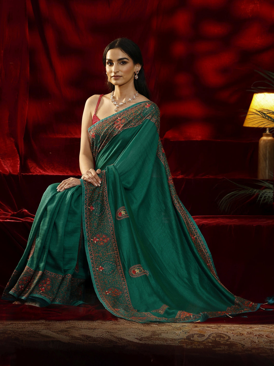 Mameraa Green Paisley Embroidered Silk blend Saree