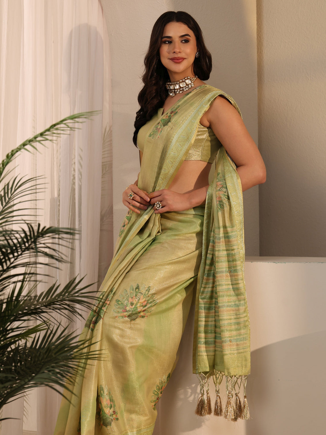 Mameraa Green Peacock Printed Silk Blend Tassel Saree