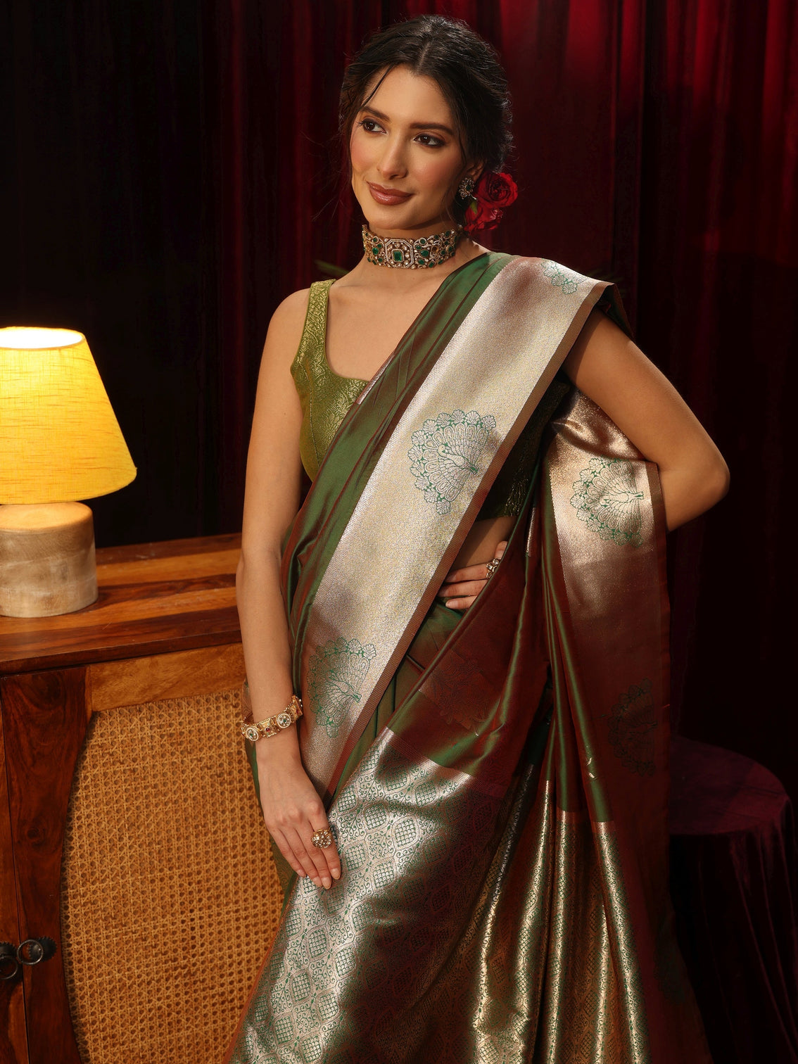 Mameraa Green Peacock Woven Design Silk Blend Saree