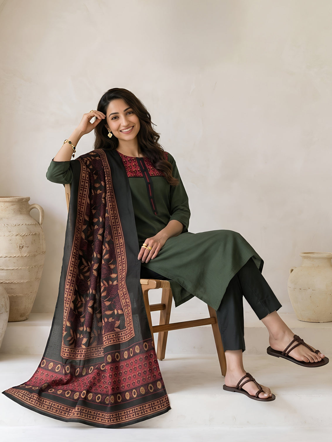 Mameraa Green Printed Cotton Blend Straight Suit Set
