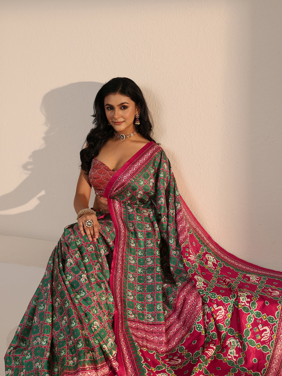 Mameraa Green Printed Silk Blend Saree