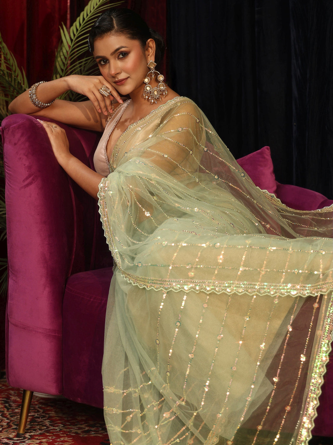 Mameraa Green Sequin Embellished Net Saree