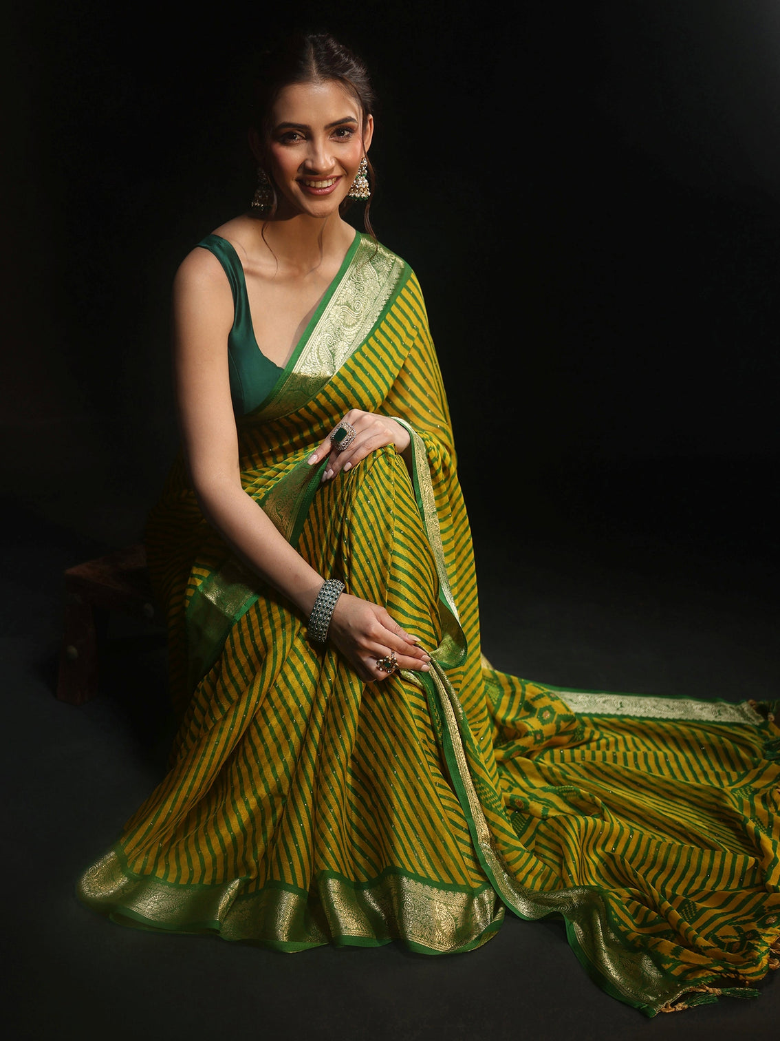 Mameraa Green Striped Chiffon Saree with Paisley Border