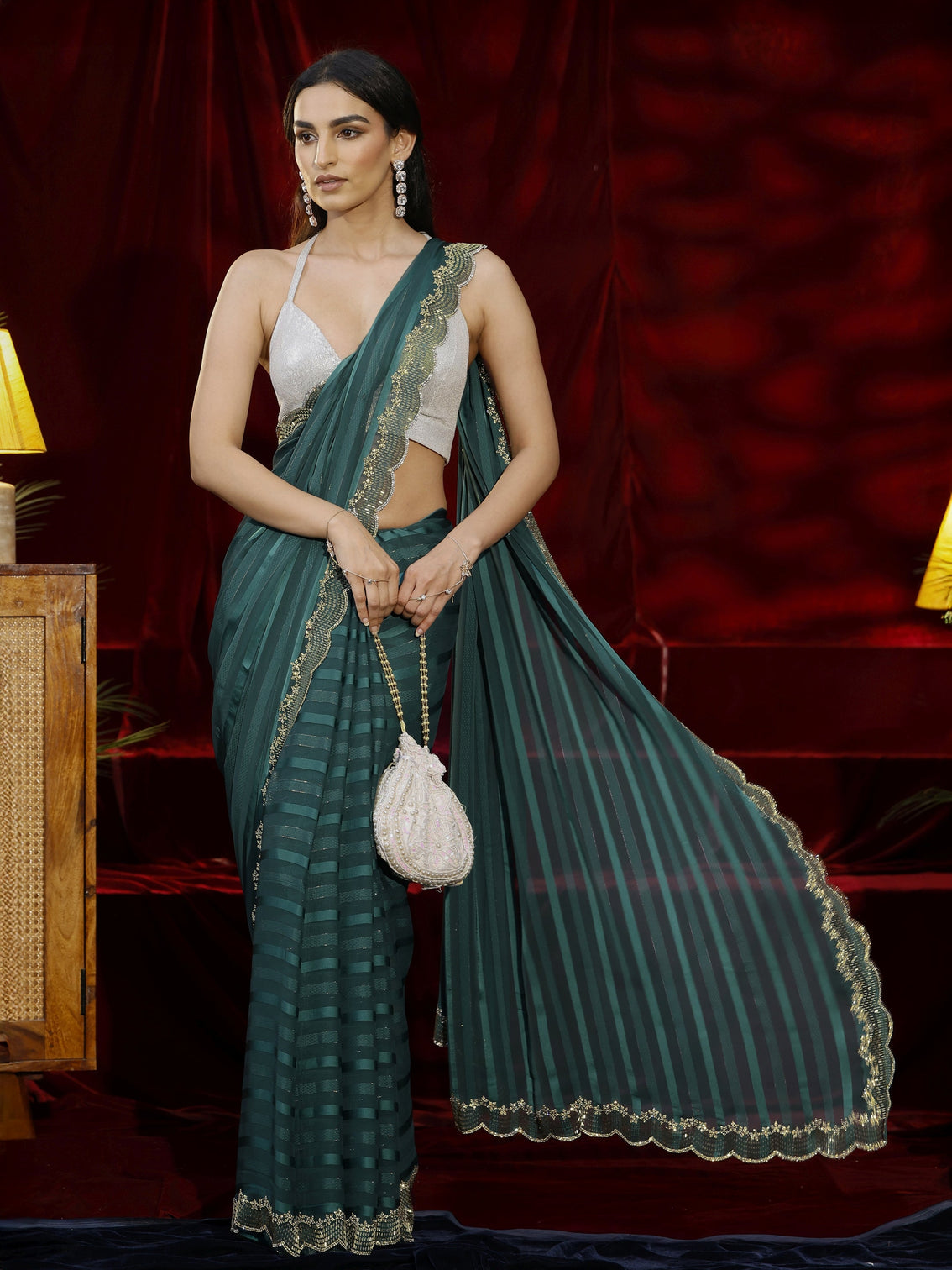 Mameraa Green Striped Net Saree