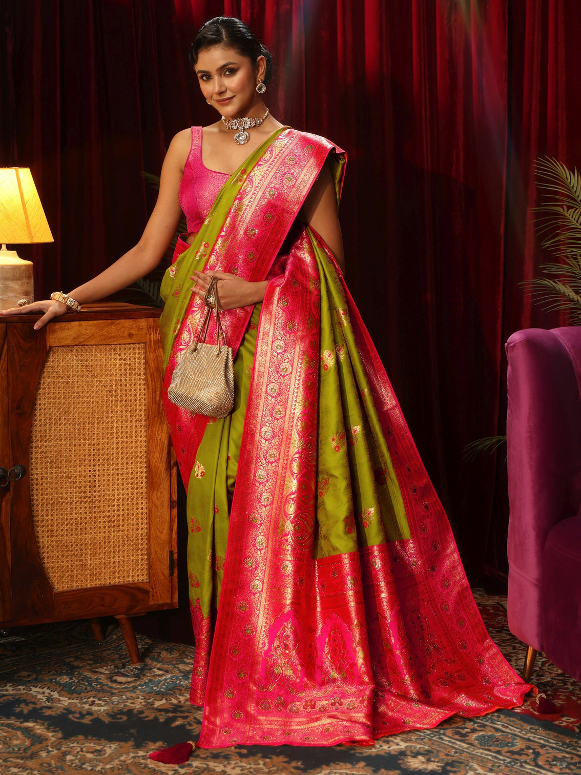 Mameraa Green Woven Design Embellished Silk Blend Saree