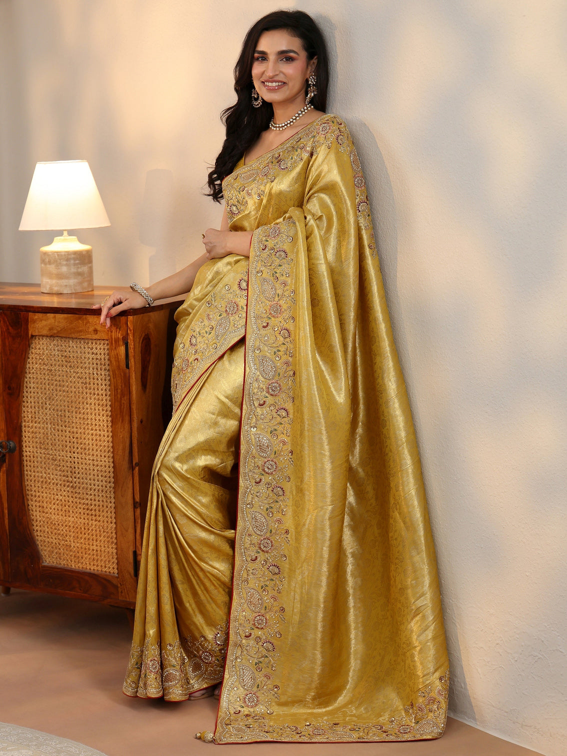 Mameraa Green Woven Design Satin Saree With Embellished Border