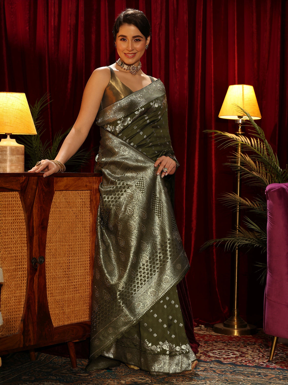 Mameraa Green Woven Design Silk Blend Saree