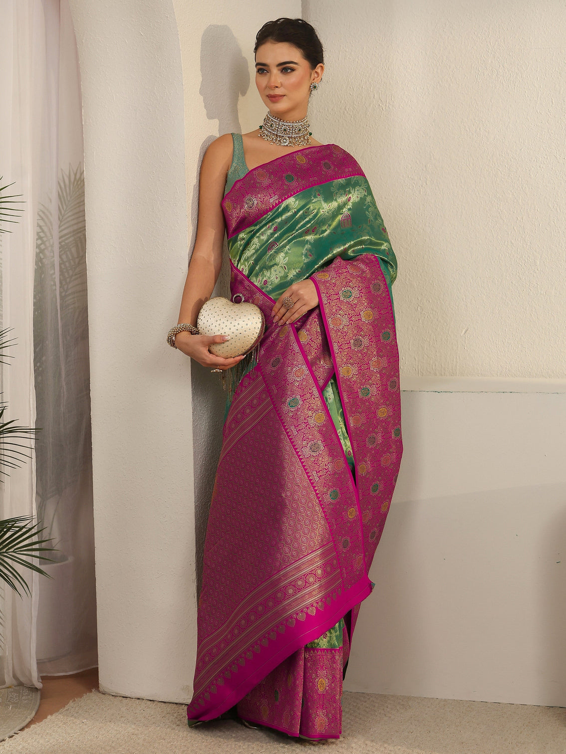 Mameraa Green and Pink Floral Woven Design Silk Blend Saree