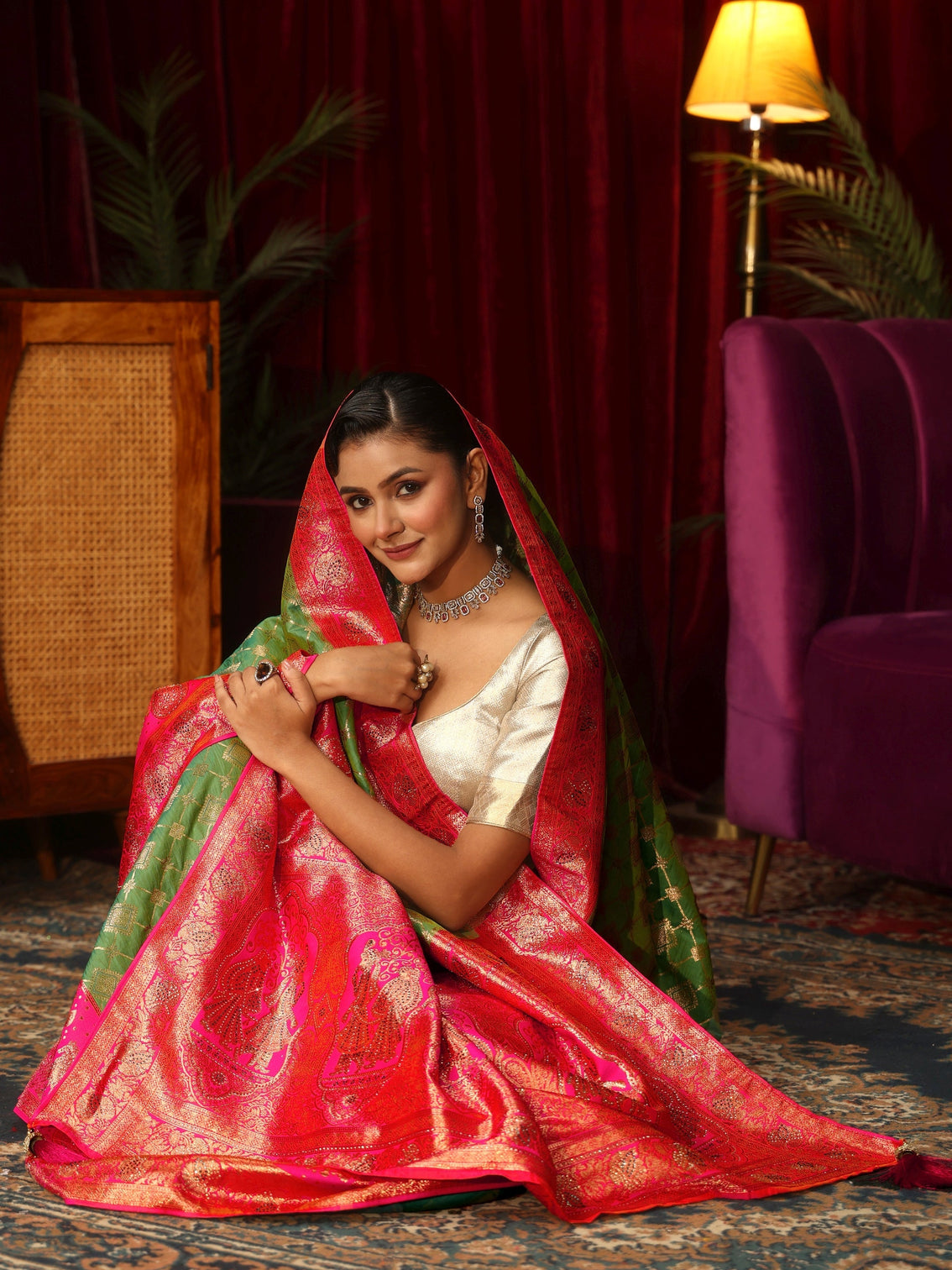 Mameraa Green and Pink Mughal Motif Woven Design Silk Blend Saree