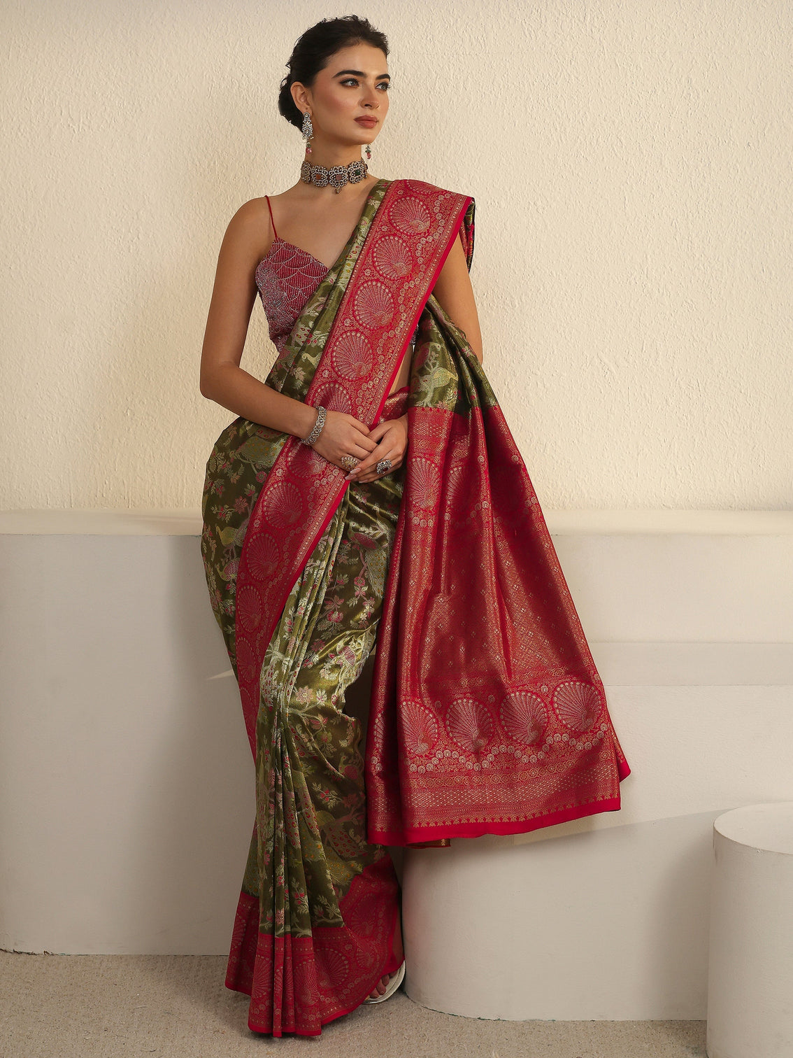 Mameraa Green and Red Floral Woven Design Silk Blend Saree