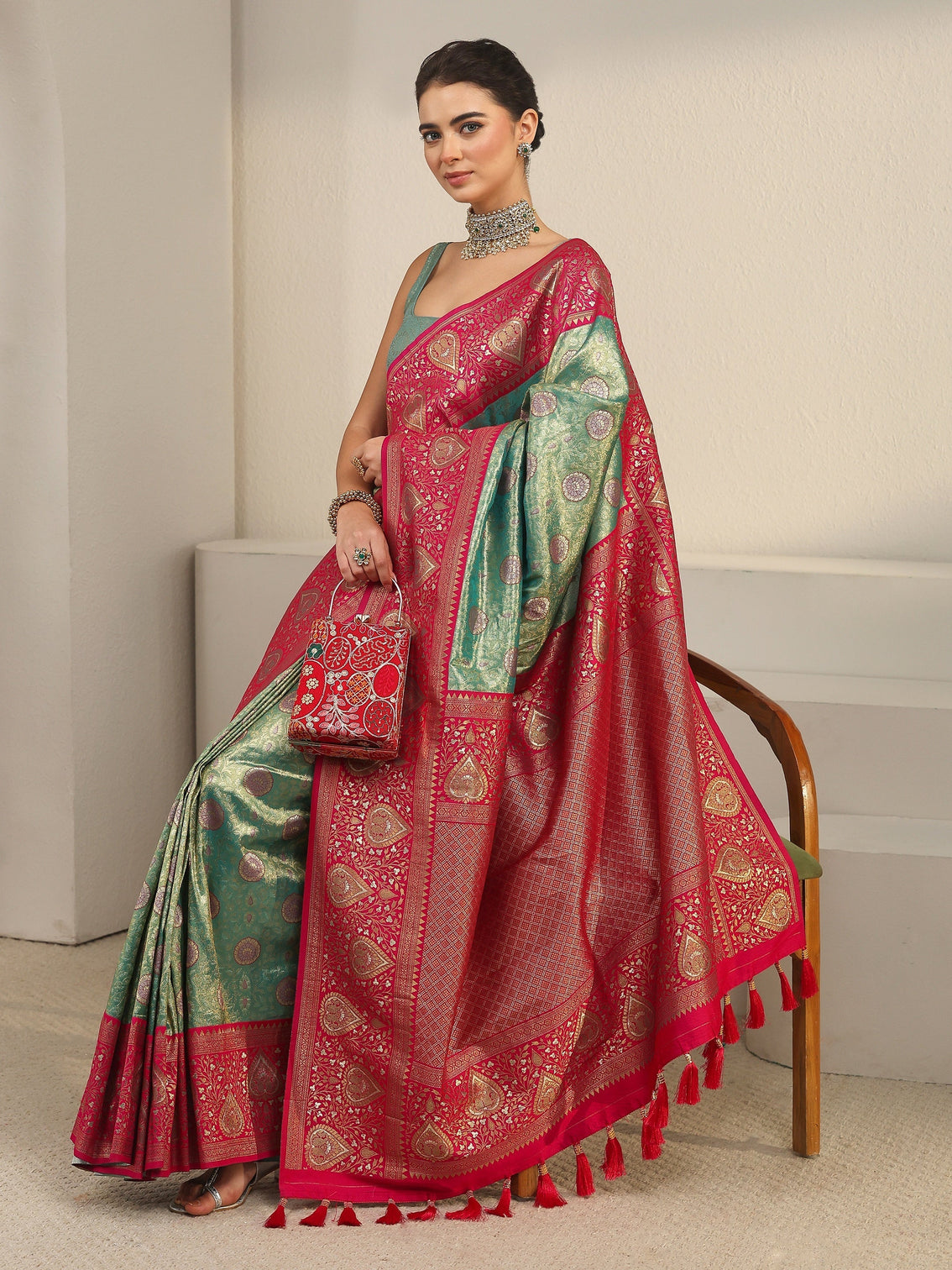 Mameraa Green and Red Leaf Woven Design Brocade Saree