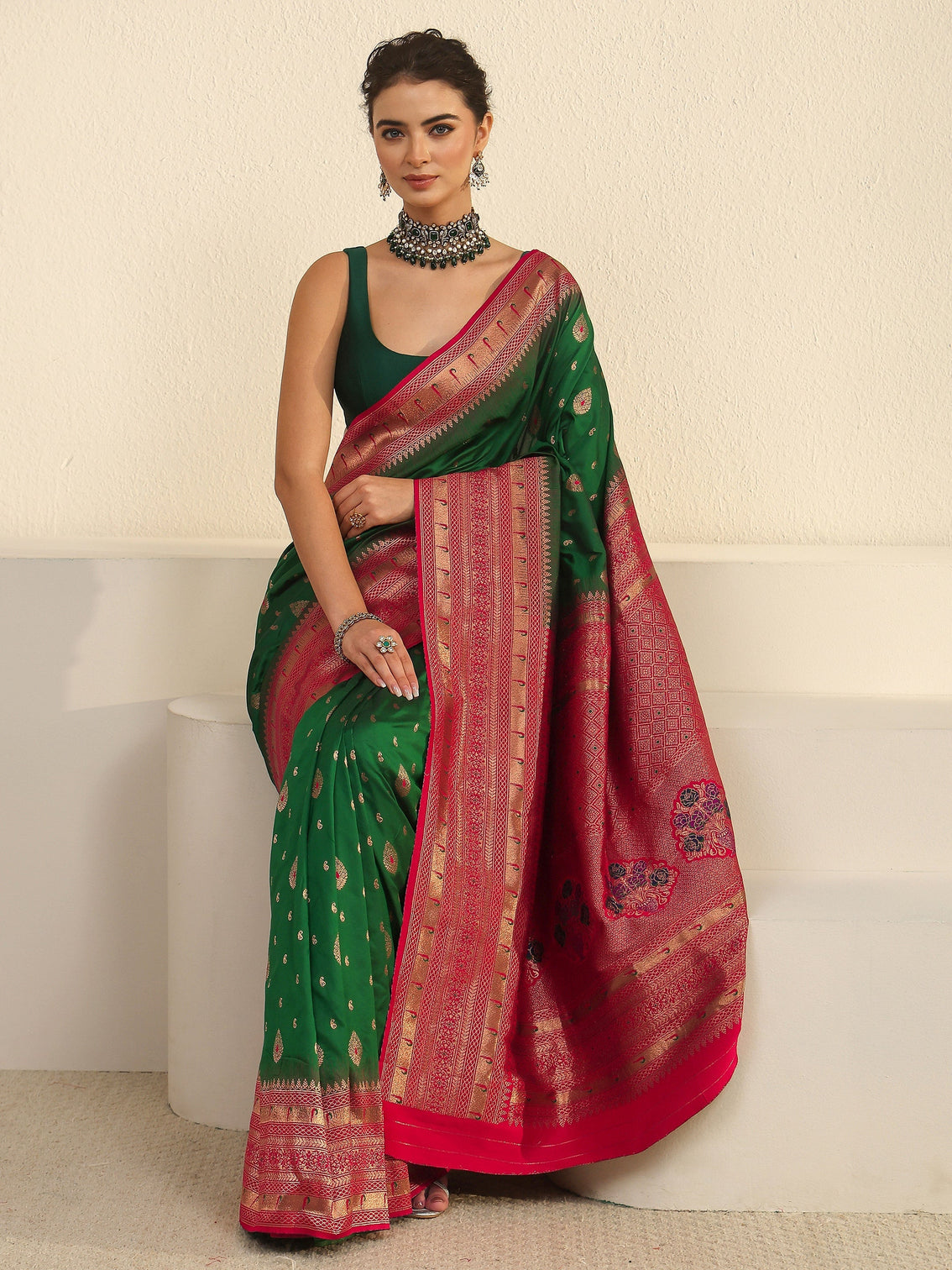 Mameraa Green and Red Woven Design Silk Blend Saree