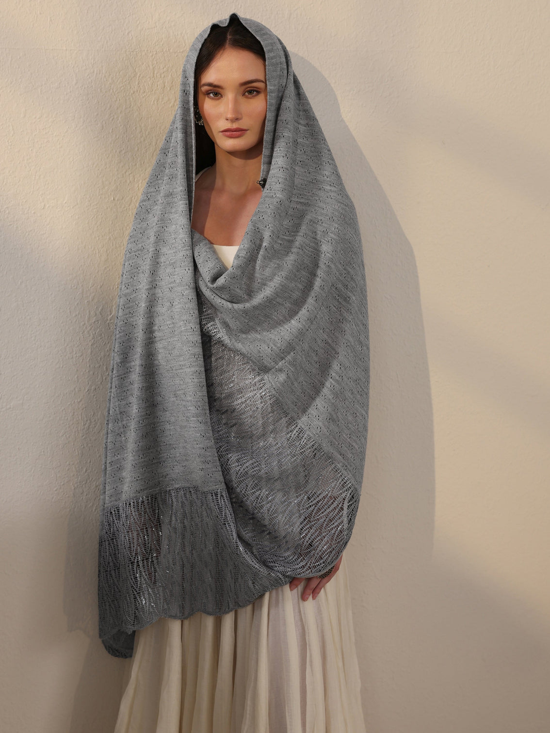 Mameraa Grey Acrylic Wrap Shawl with Lace Border