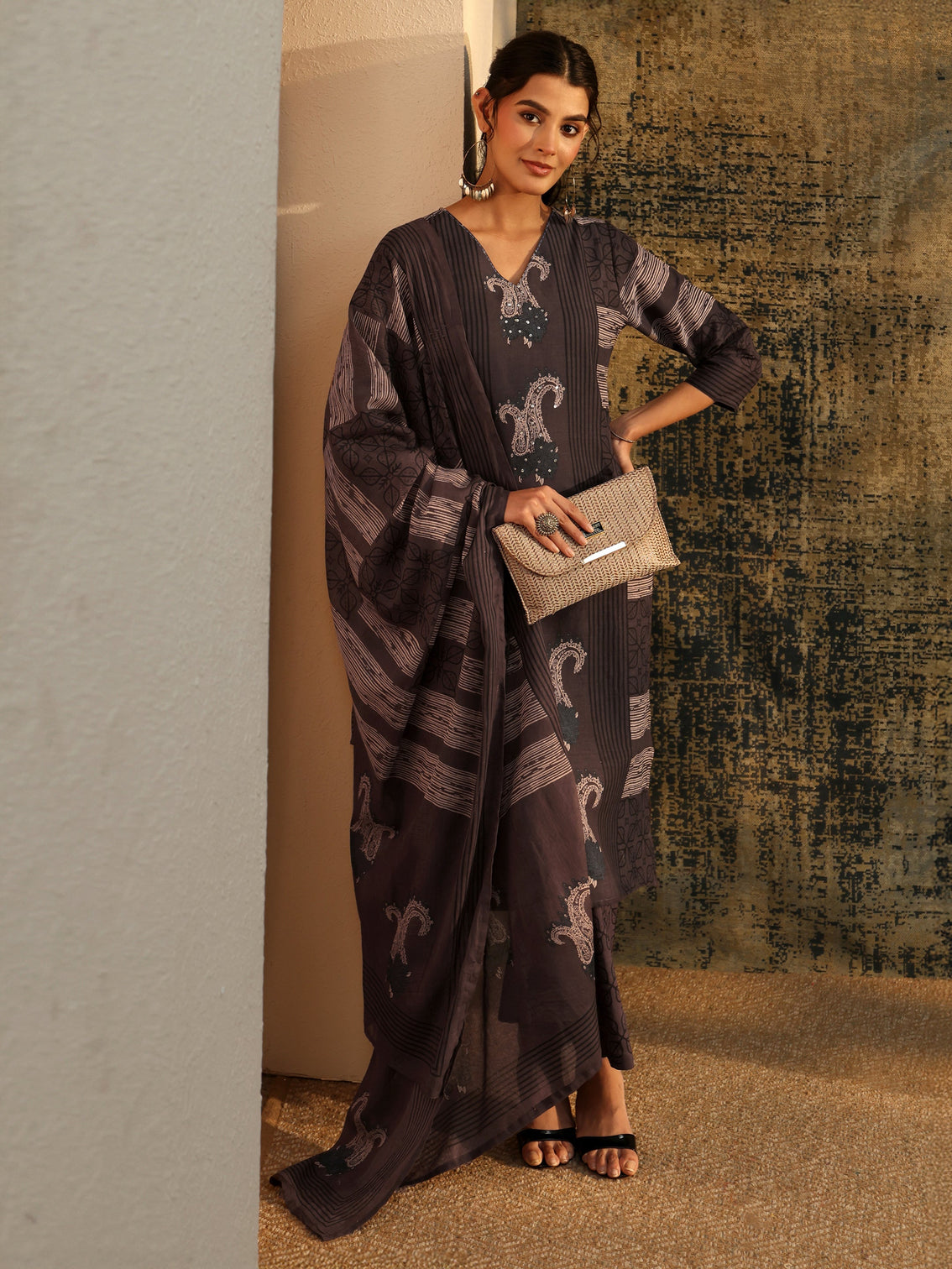 Mameraa Grey Ajrakh Printed Cotton Straight Suit Set