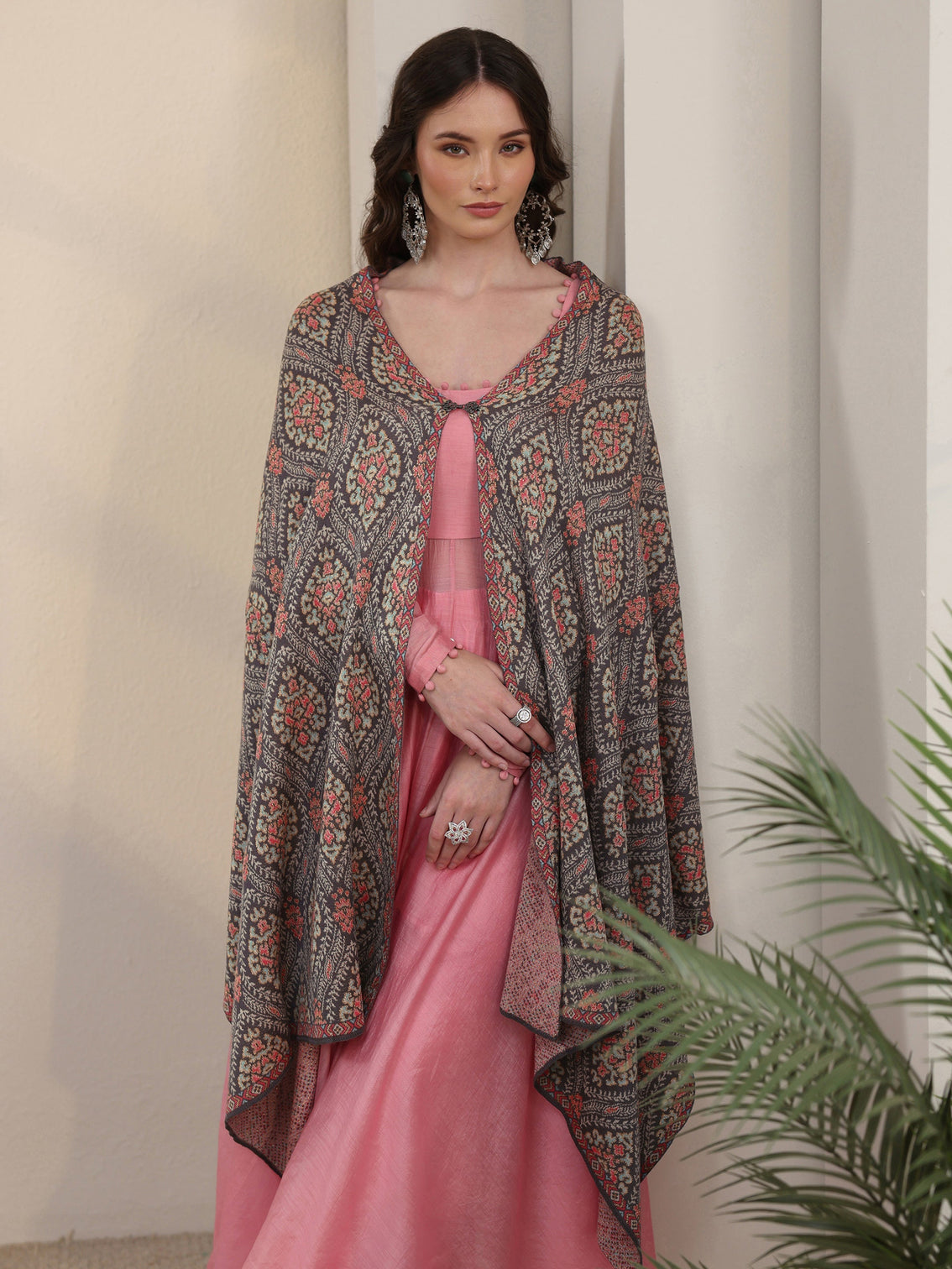 Mameraa Grey Ethnic Knitted Acrylic Wrap Shawl