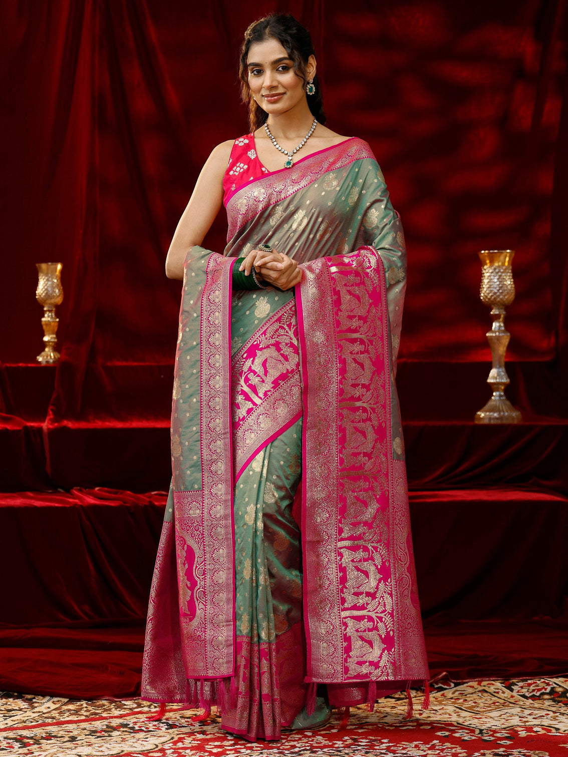 Mameraa Grey Ethnic Motif Woven Design Silk blend Saree with dupatta