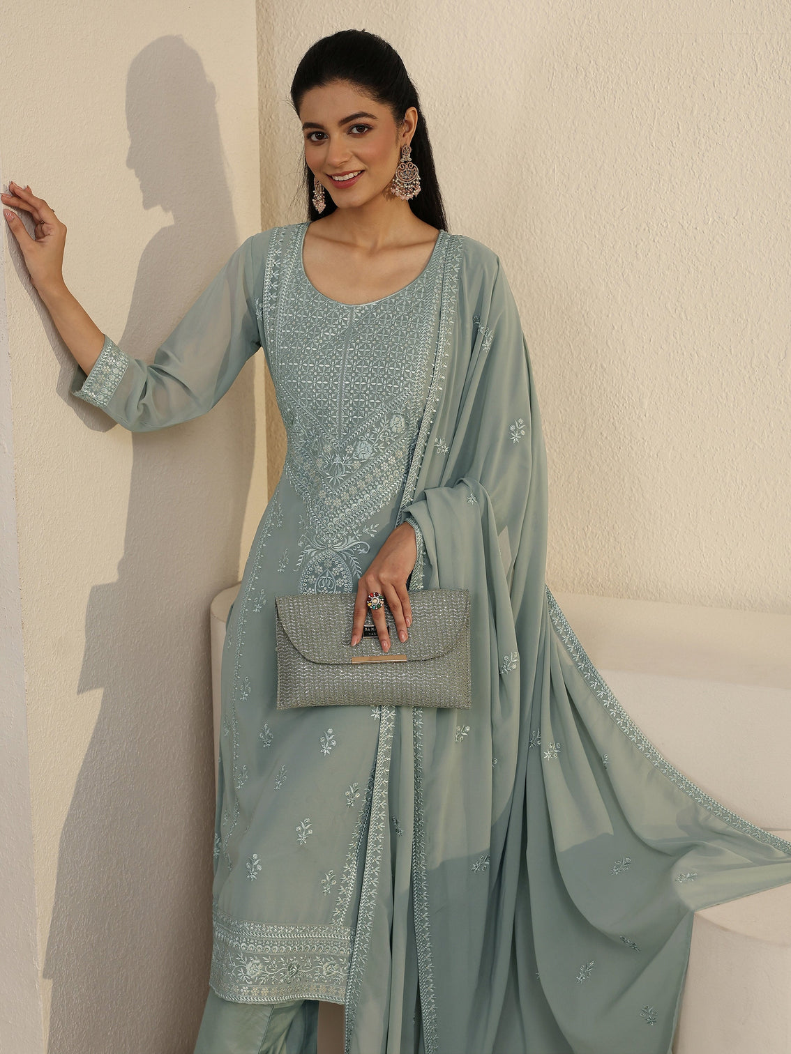 Mameraa Grey Floral Embroidered Georgette Straight Suit Set