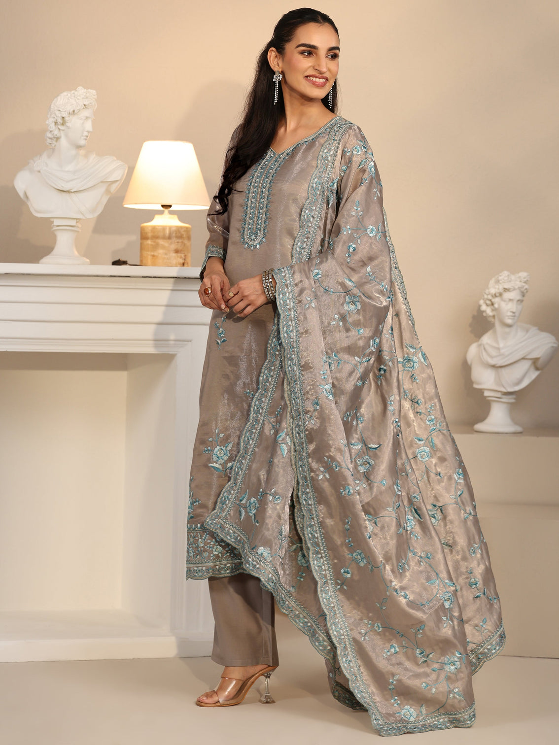 Mameraa Grey Floral Embroidered Organza Straight Suit Set