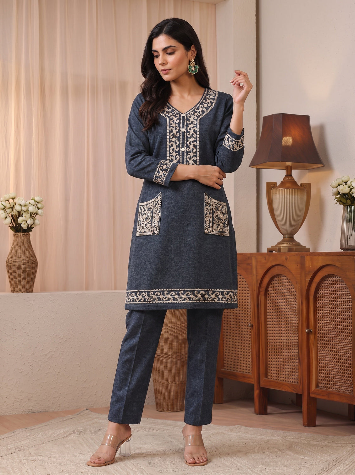Mameraa Grey Floral Embroidered Woolen Co-Ord Set