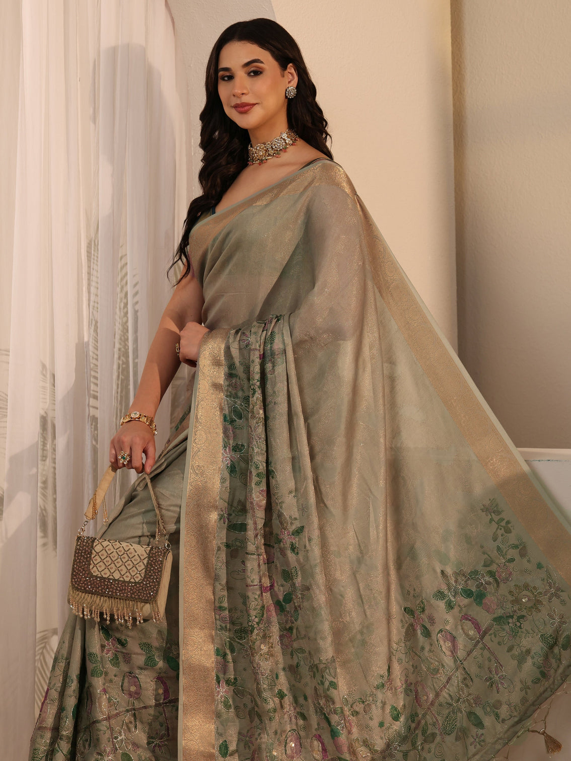 Mameraa Grey Floral Printed Silk Blend Tassel Saree
