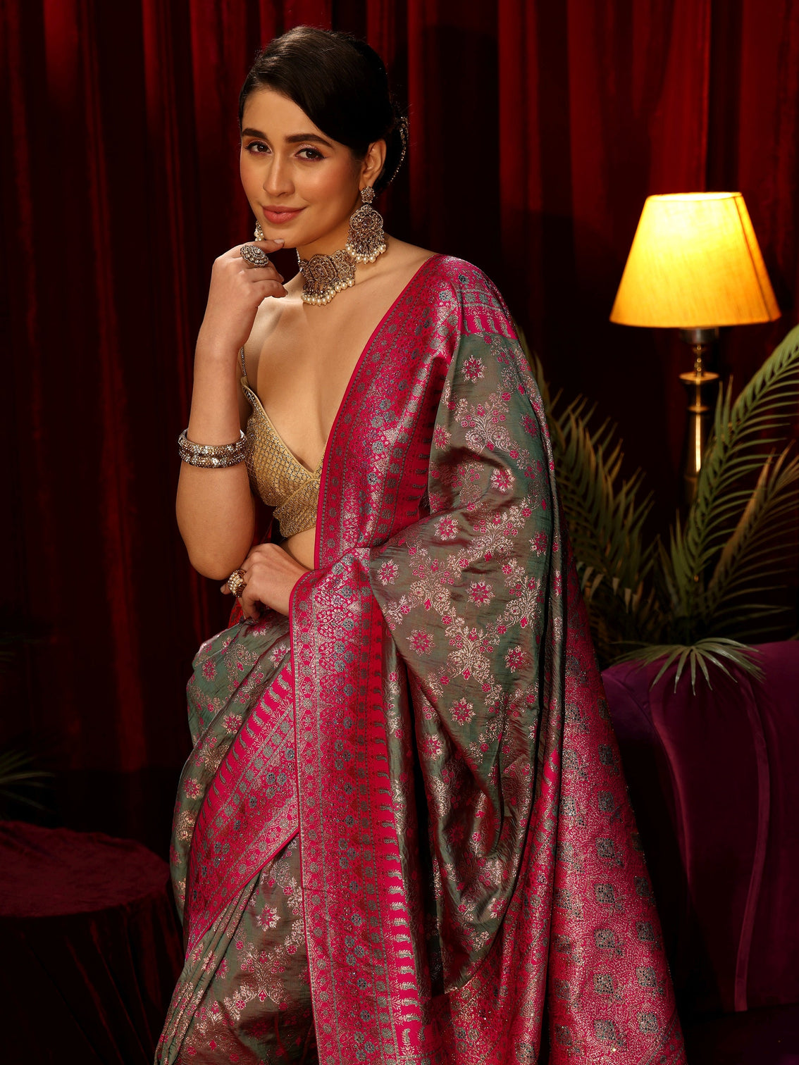 Mameraa Grey Floral Woven Design Embellished Brocade Saree
