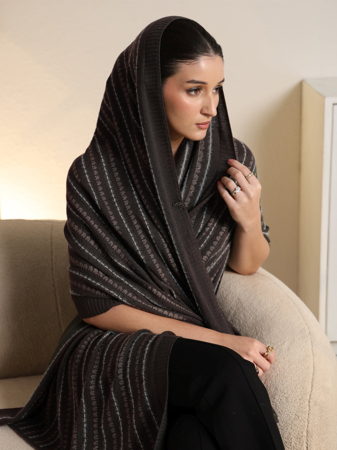 Mameraa Grey Striped Knitted Acrylic Wrap Shawl