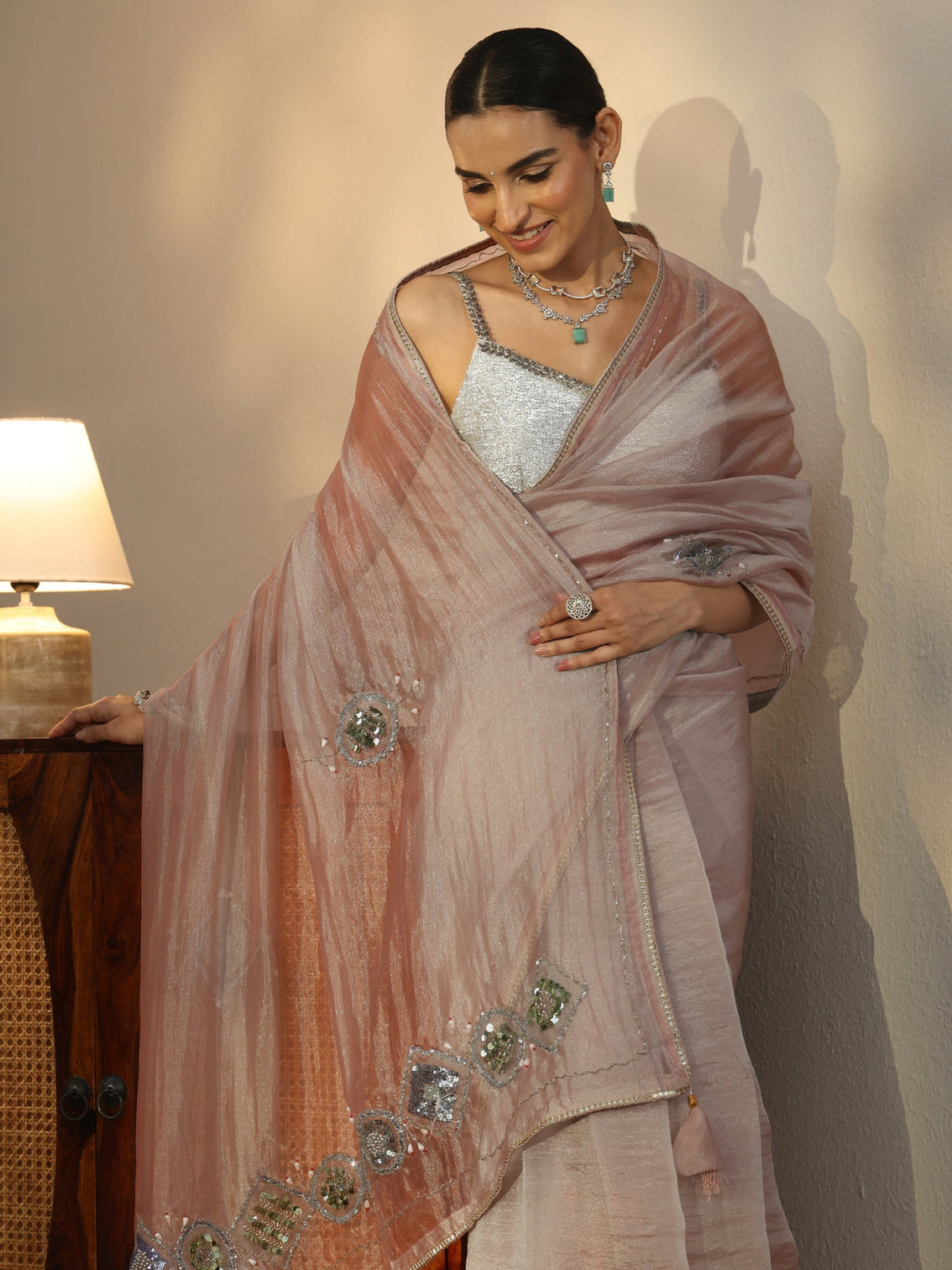 Mameraa Grey Tissue Saree with Applique Design