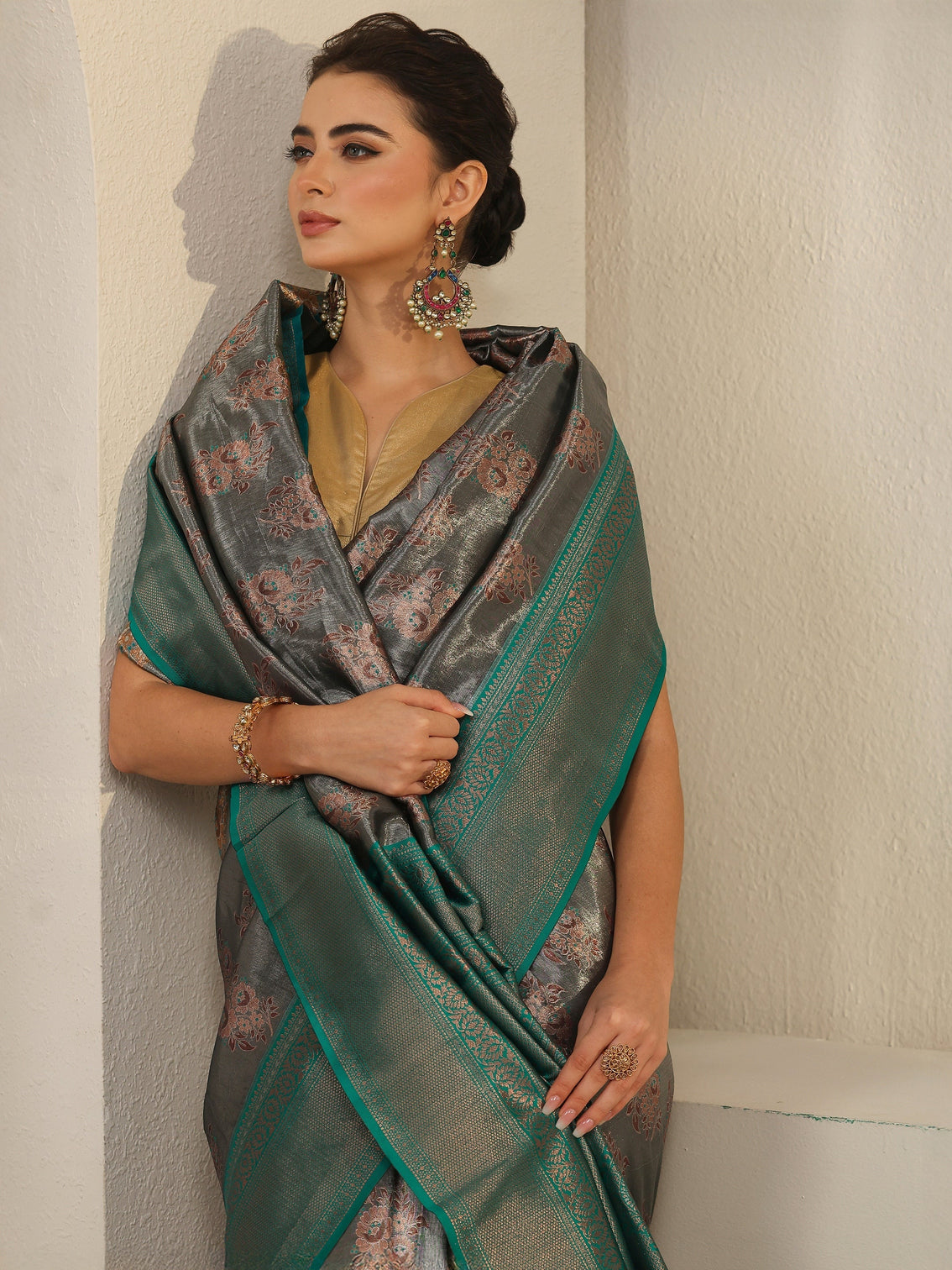 Mameraa Grey and Teal Green Floral Woven Design Silk Blend Saree