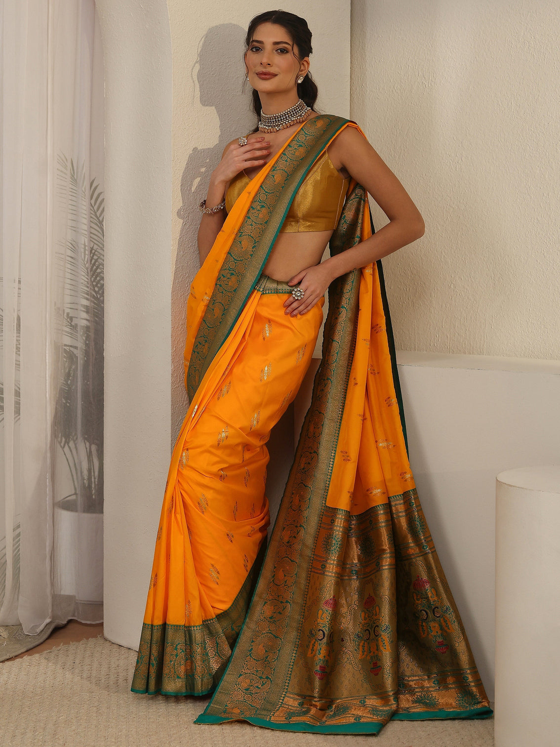 Mameraa Haldi Yellow and Green Silk Blend Paithani Saree