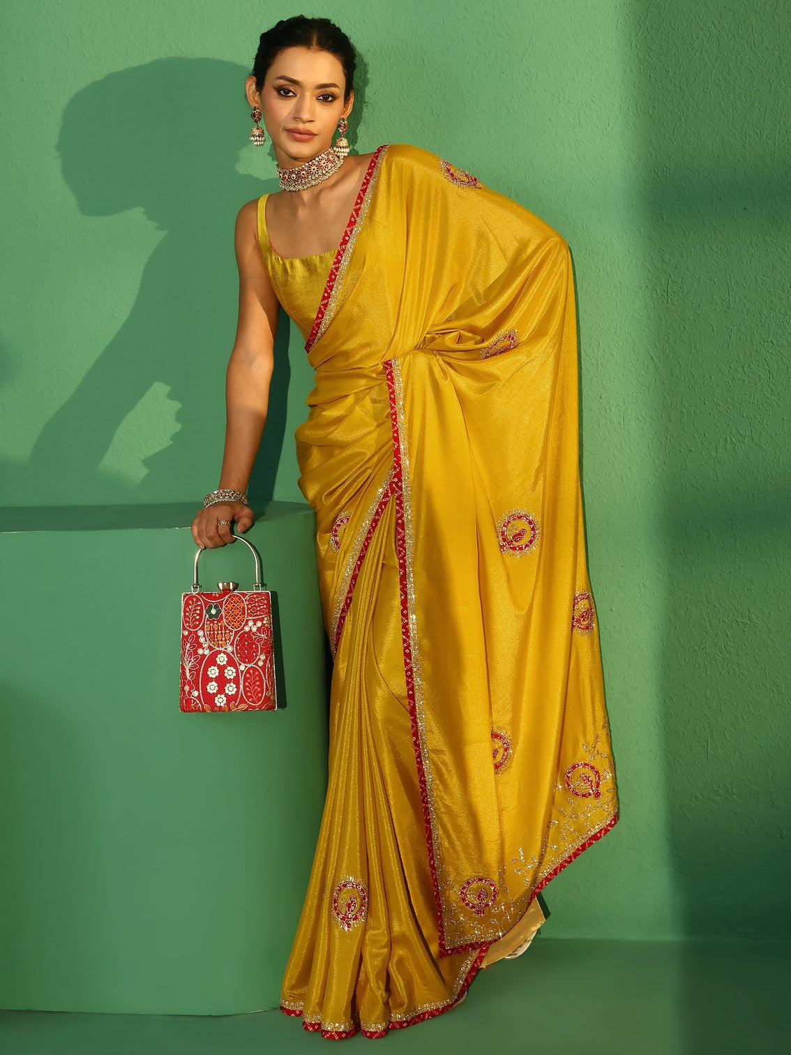 Mameraa Henna Green Applique Work Embellished Satin Saree