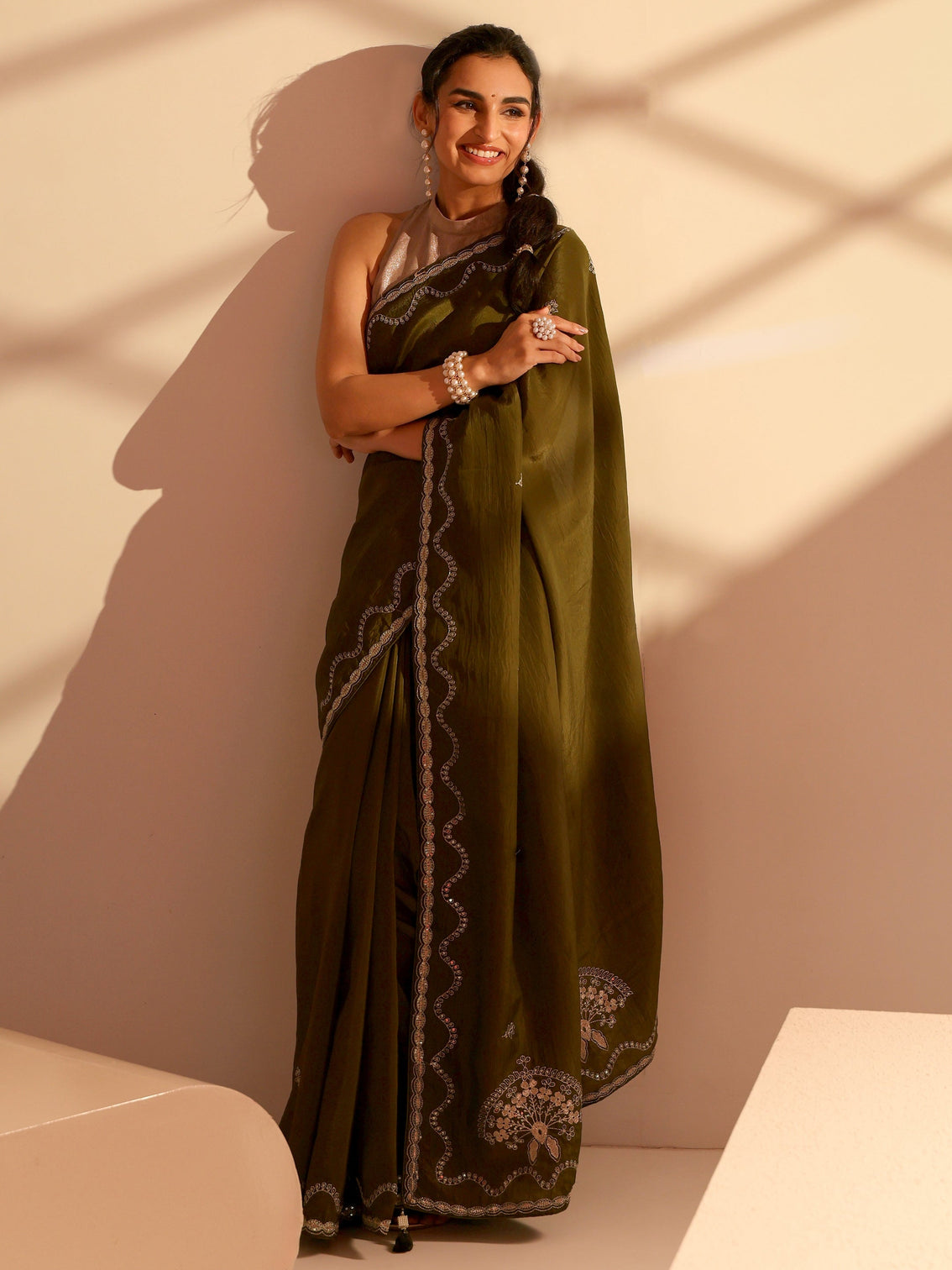 Mameraa Henna Green Embroidered Silk Blend Saree