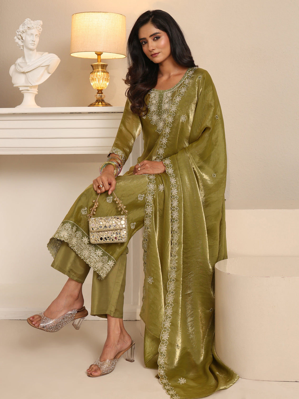Mameraa Henna Green Ethnic Embroidered Organza Straight Suit Set