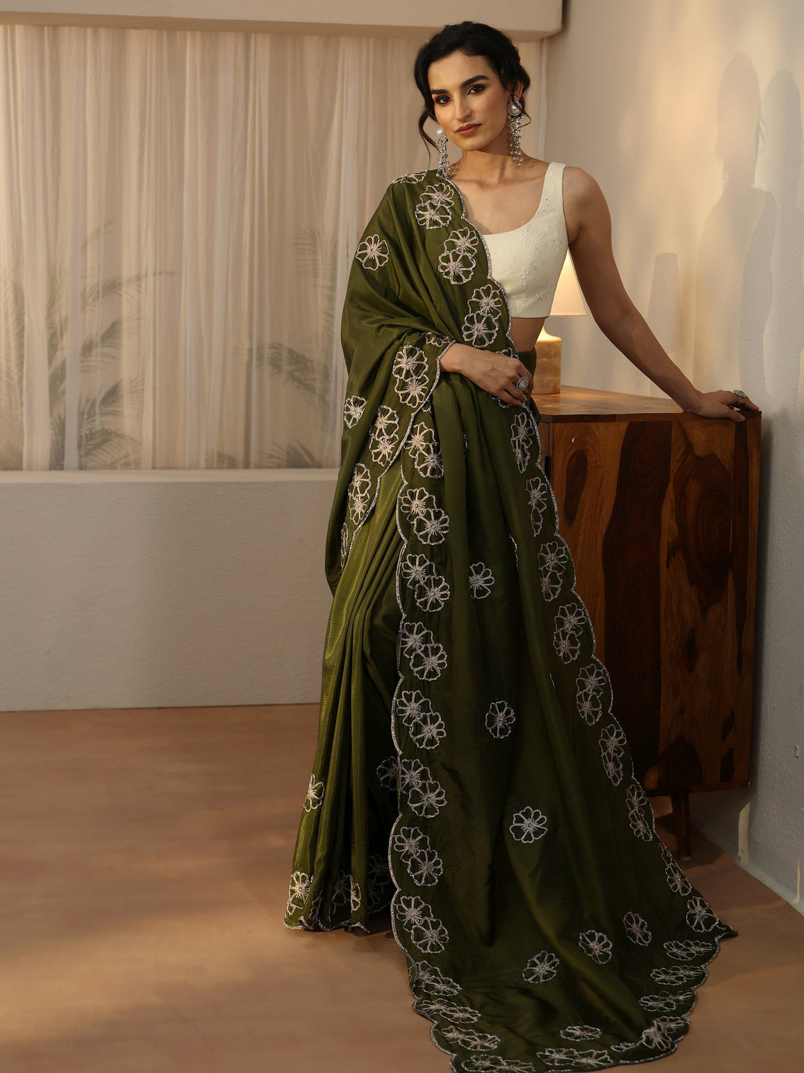 Mameraa Henna Green Floral Embellished Satin Saree with Scalloped Border